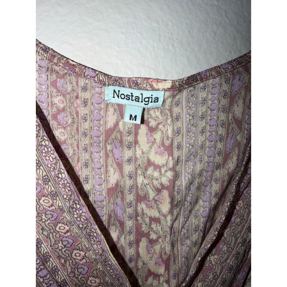 Women Mauve Purple Floral Boho Wrap Dress High Low Tassel Tie Medium - Picture 2 of 5
